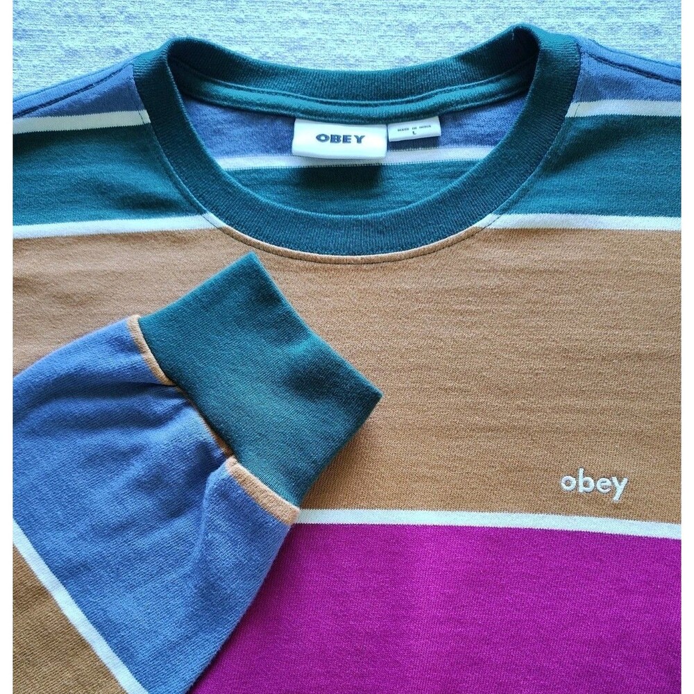 Obey Mens Shirt Large Crewneck Multicolor Block Stripe Cotton Fair Trade Factory